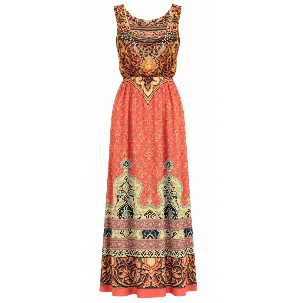 Y2K One World Live and Let Live Orange Paisley Studded Maxi Dress Womens Large